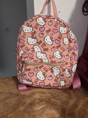 Hello Kitty Peach-Pink Kids Backpack with Heart & Bow Print